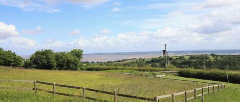 A rural landscape with a wooden fence, greenery, and a distant view of a body of water.