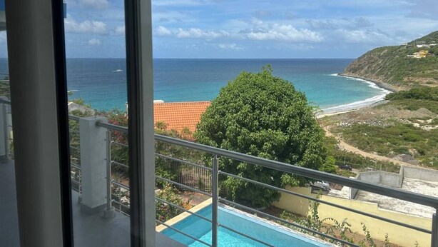 A balcony with a view of the ocean, a swimming pool, and a tree. - Belair Pool Villa w/ Rooftop & Island Views Oasis (Little Bay)