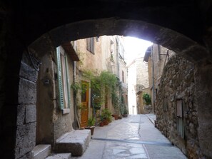 A narrow alleyway with stone walls, a wooden door, and potted plants.