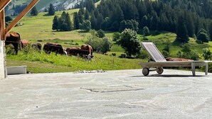 A stone patio with a lounge chair and a view of cows grazing in a green field with mountains in the background. - Charming Apartment for Rent - Log Cabin - Directly on Lake des Confins - Sleeps 8 (La Clusaz)