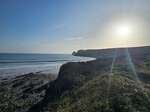 Un paysage côtier avec une rive rocheuse, une falaise et l’océan.
