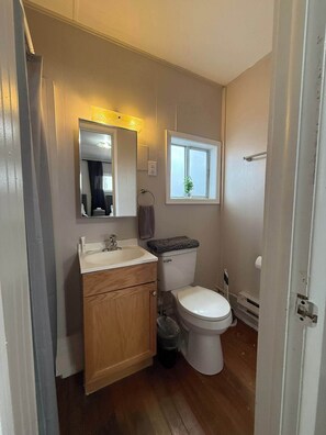 A small bathroom with a toilet, sink, mirror, and window.