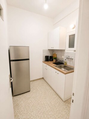 A compact kitchen with a stainless steel refrigerator, a sink, and a window above the countertop. - Boutique 1 Bd Stay in Mavili Square Athens (Athina)