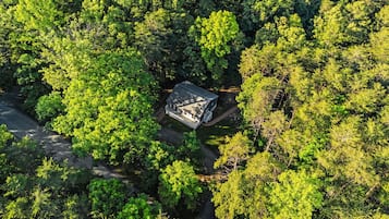 Vista aérea de una zona boscosa con un edificio rodeado de árboles verdes y frondosos.