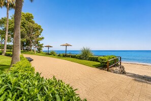 Ein gepflasterter Weg führt zu einem Strand mit Palmen und Reetsonnen.