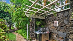 Une terrasse extérieure avec un mur en pierre, un barbecue et une chaise.