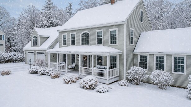 A two-story house with a covered porch and a garage. - New- Spacious 4-bedroom Winter Rental Home with Fireplace in Wells, Maine (Wells)