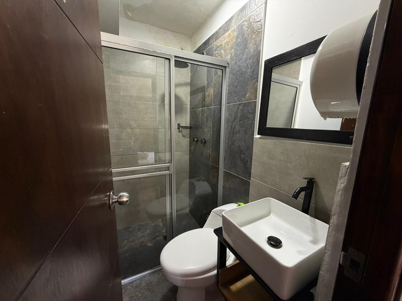Une salle de bain avec douche, toilettes et lavabo.