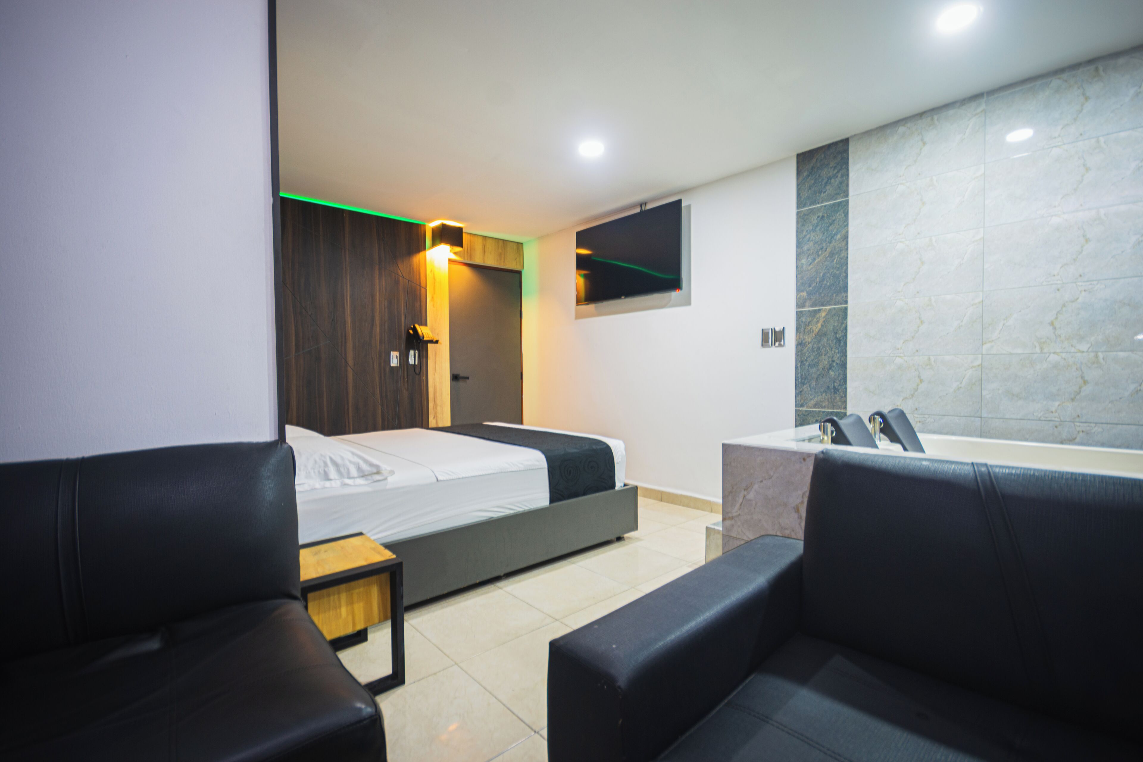 Una habitación de hotel moderna con cama, sofá, una mesita, bañera y espejo.