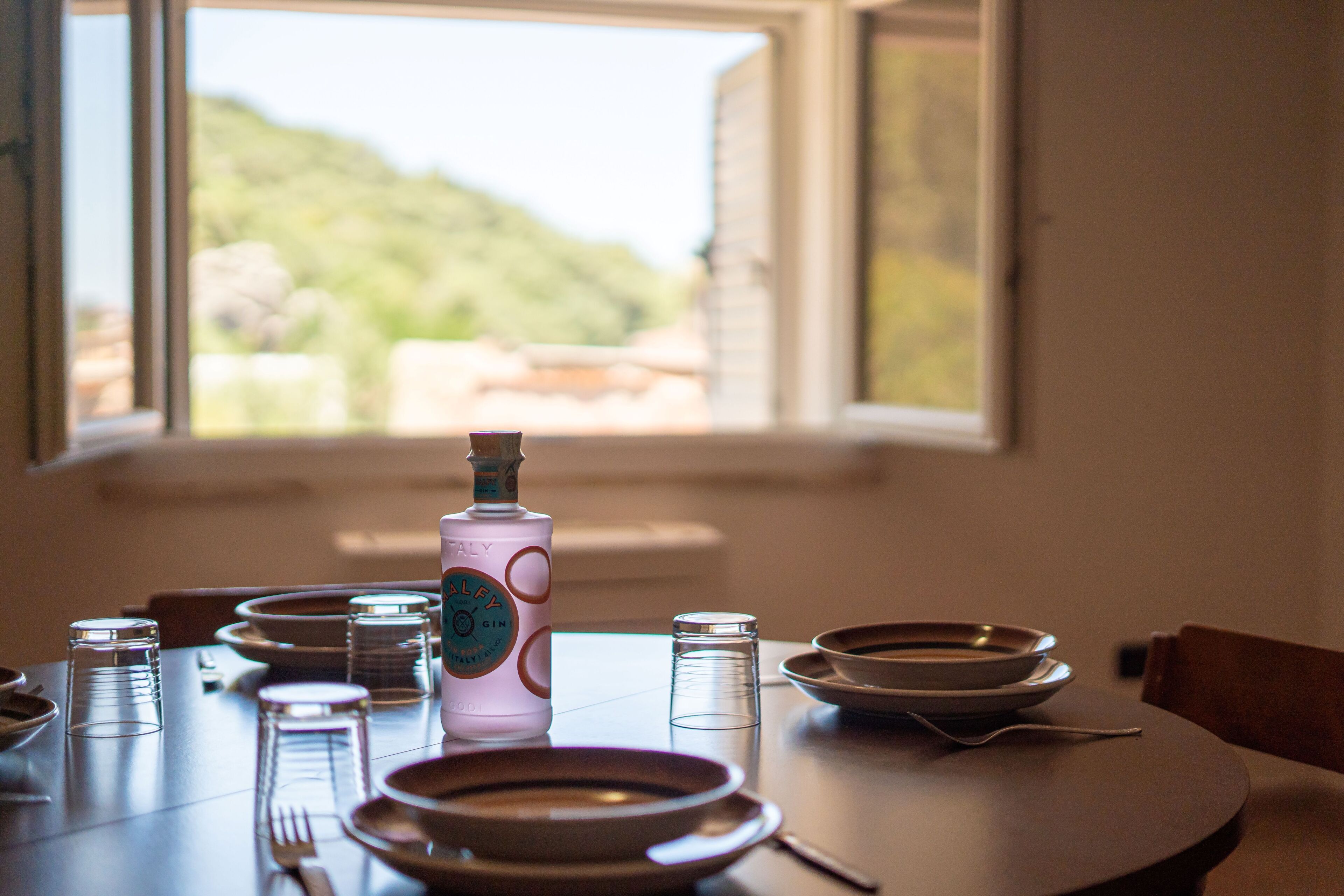 A dining table set with plates, glasses, and a bottle of gin, with a window view of greenery.