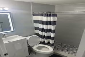 A bathroom with a toilet, a sink, a mirror, and a shower curtain. - Cozy 2-bedroom house in charming Port Richey with AC (Port Richey)