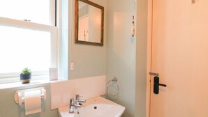 A bathroom with a sink, mirror, towel dispenser, and a small potted plant. - Pixie Cottage (Weymouth)