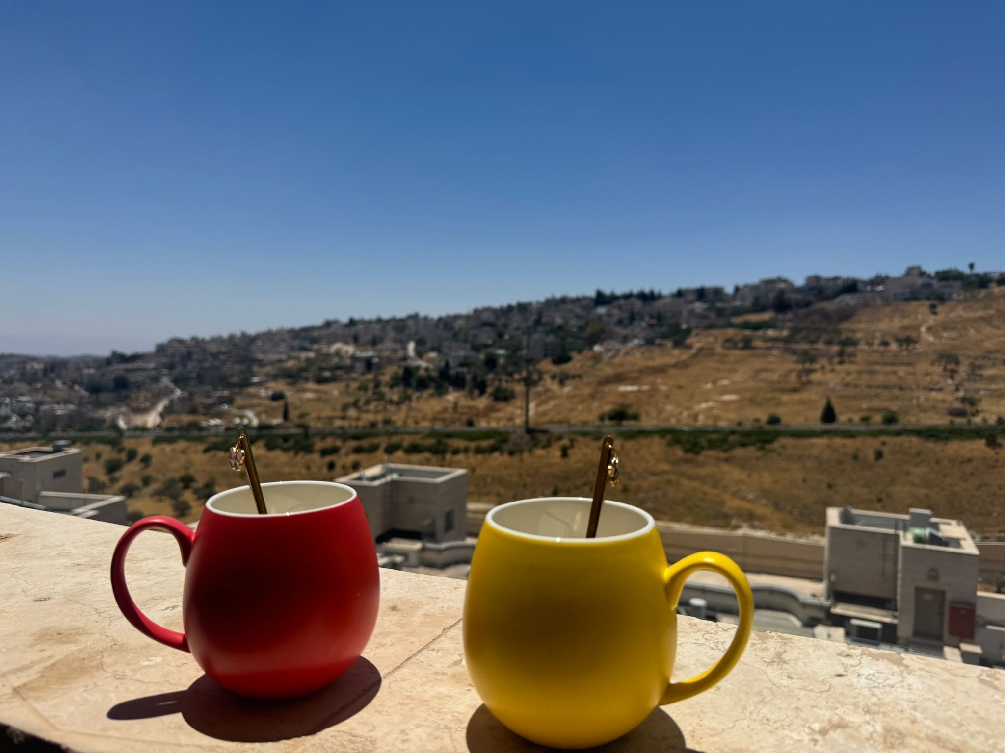 Two mugs on a ledge with a view of a hilly town in the background.