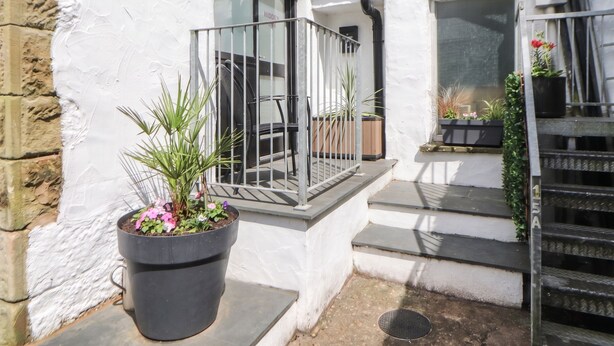 A small outdoor area with a potted plant, a metal railing, and steps leading to a door. - Hidden Gem (Windermere)