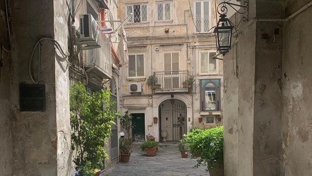 A narrow stone-paved courtyard with potted plants, an arched entrance, and a building with balconies and windows in the background. - Holiday Home "Solemare Musica & Poesia" (napoli)