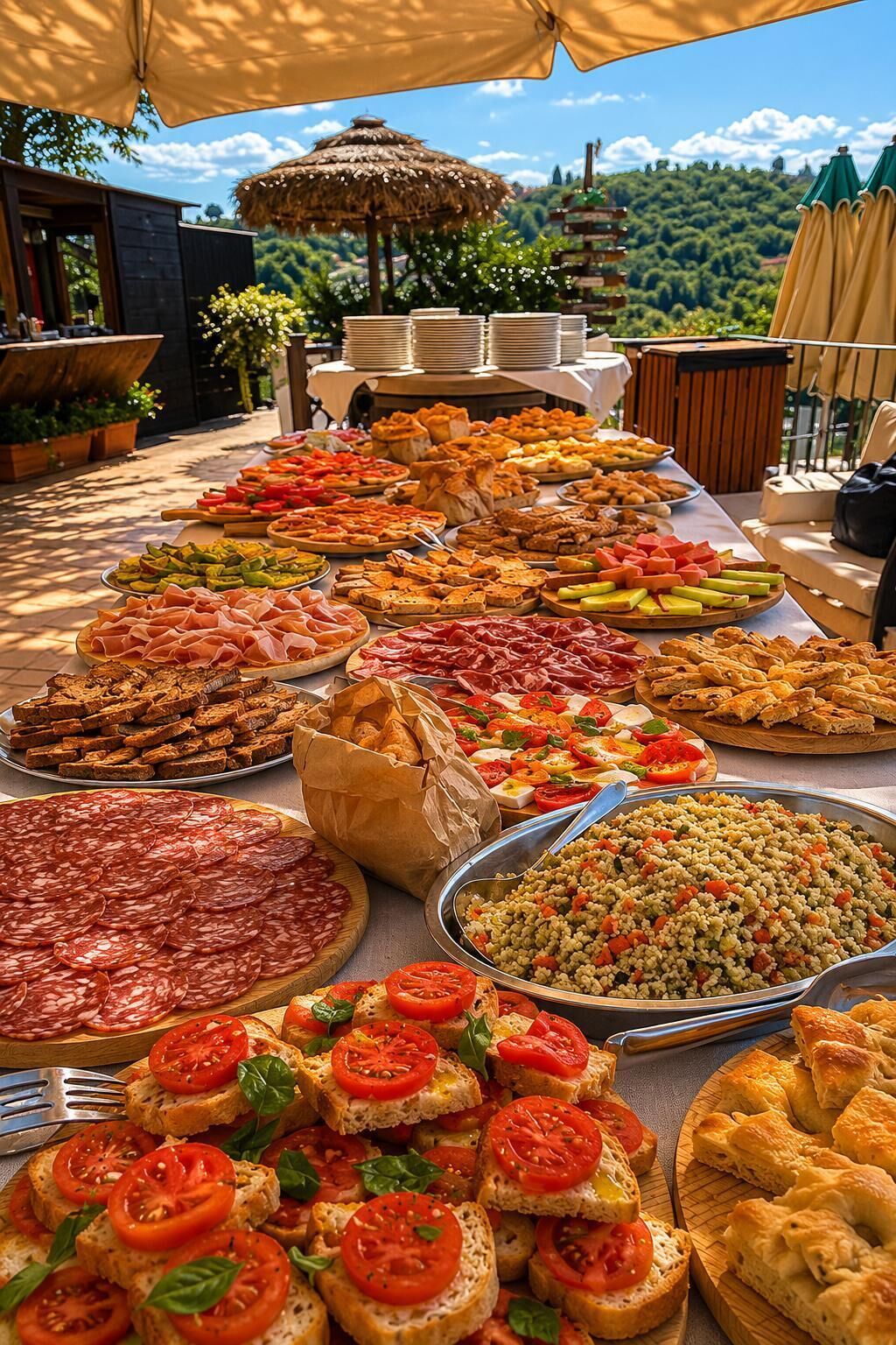 Un bufé al aire libre con diversos alimentos, una sombrilla de paja y una vista panorámica de fondo.