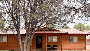 Uma cabana de toras com telhado de metal, uma porta da frente e duas janelas.