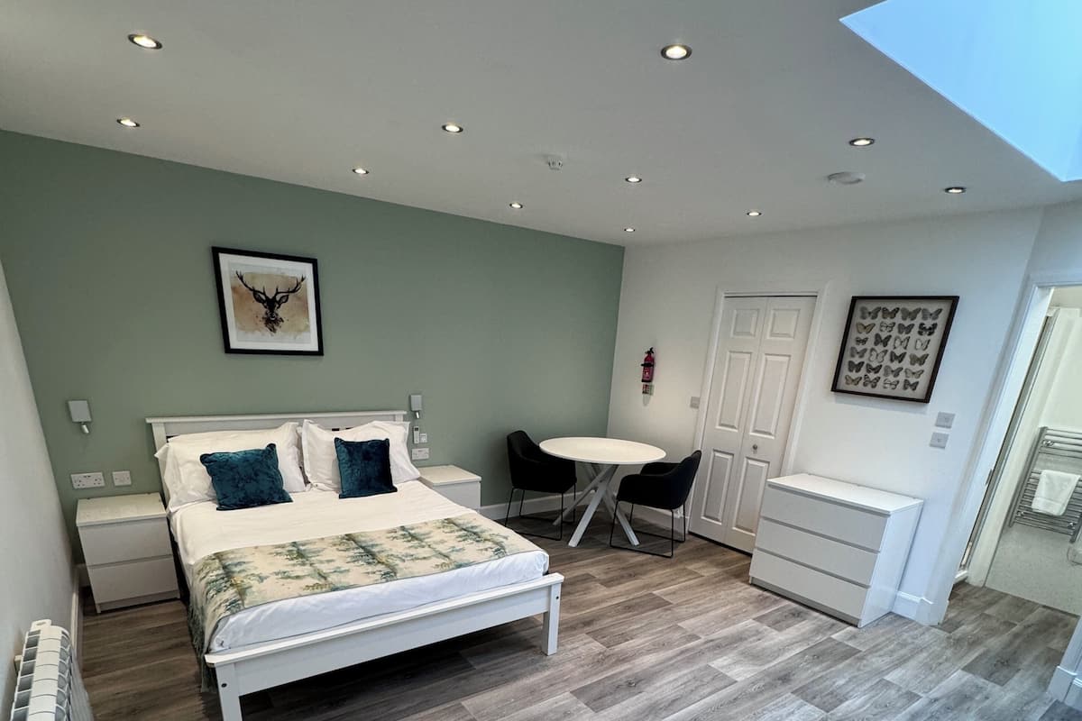 A modern bedroom with a bed, bedside tables, a small table with chairs, a ceiling light, and a door.