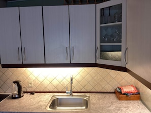 Una cocina con un lavamanos de acero inoxidable, un hervidor y armarios con puertas de vidrio.
