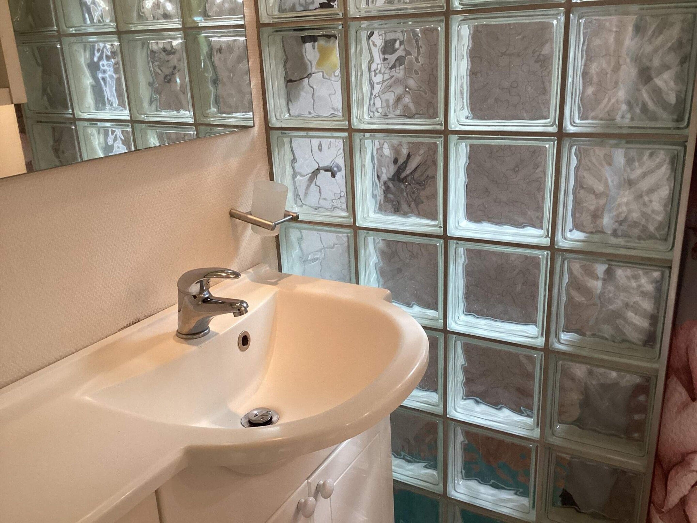 Une salle de bain avec un lavabo blanc, un miroir et un mur en blocs de verre.
