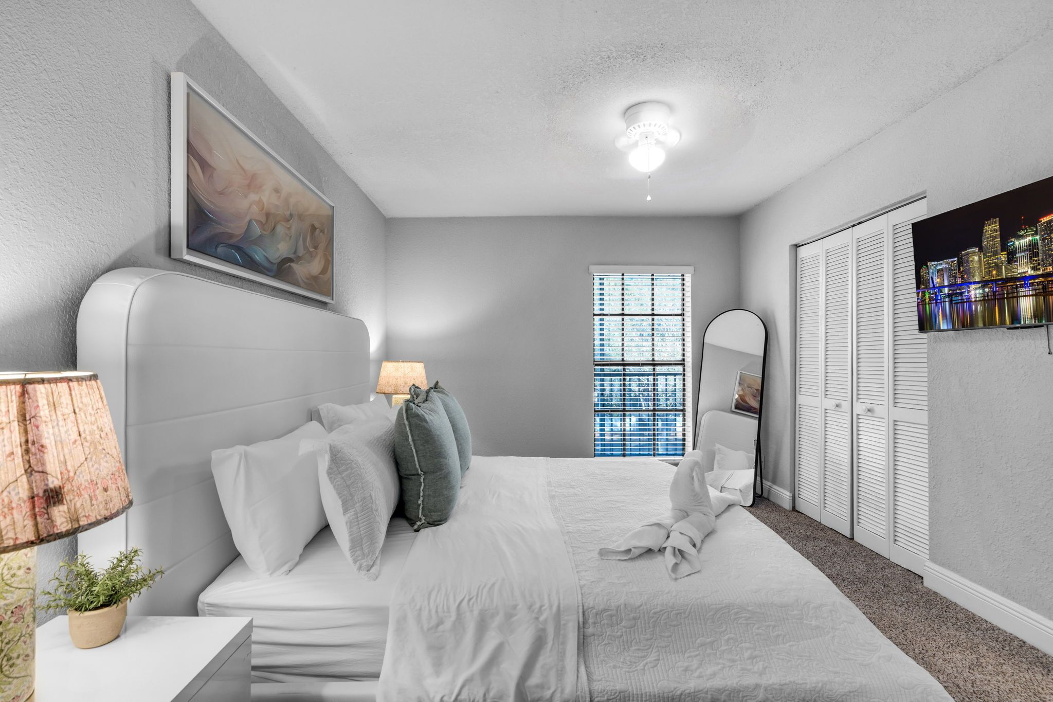 Laptop workspace, blackout curtains, soundproofing, iron/ironing board