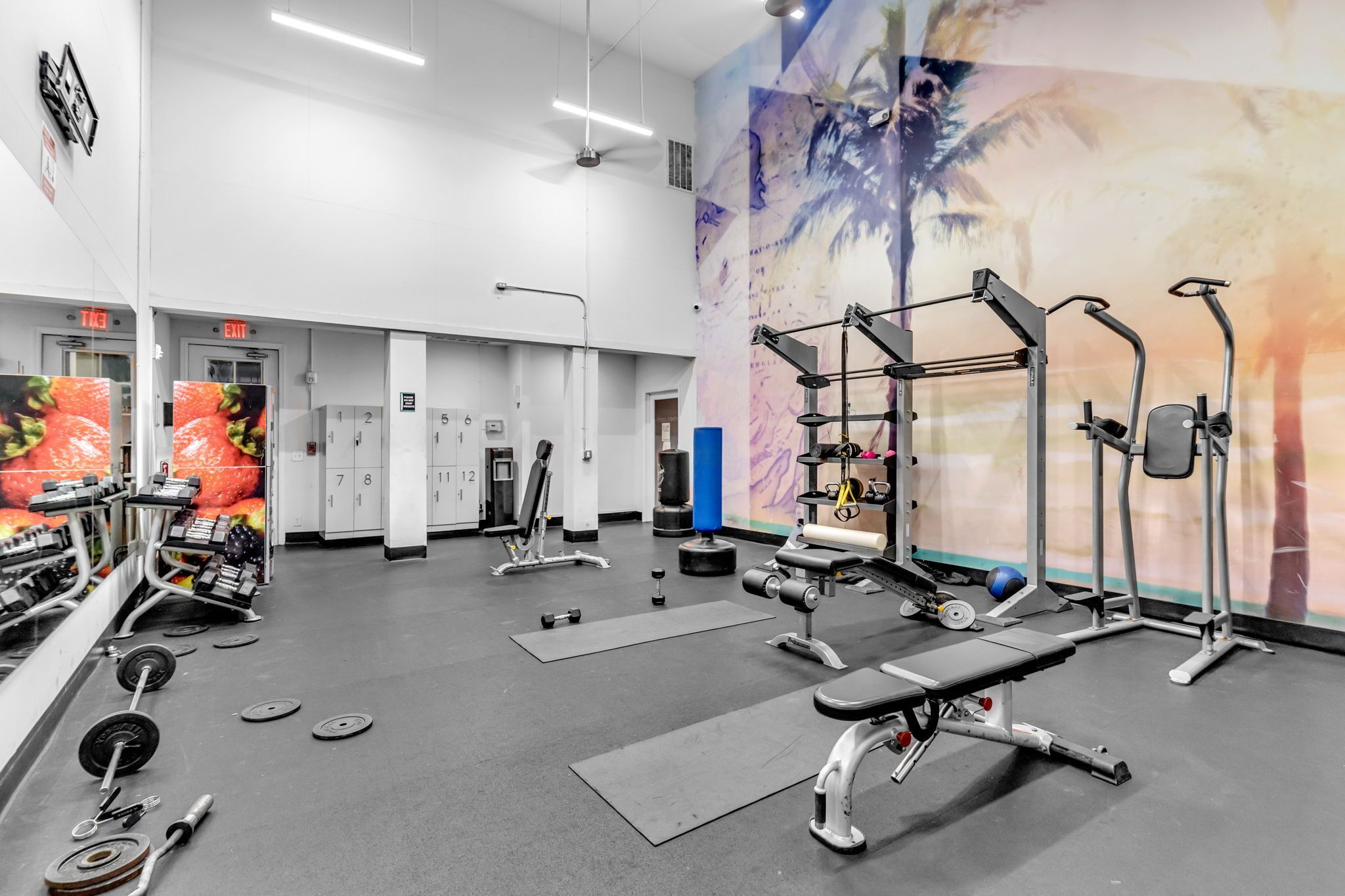 A gym with weightlifting equipment, exercise mats, and a wall mural.