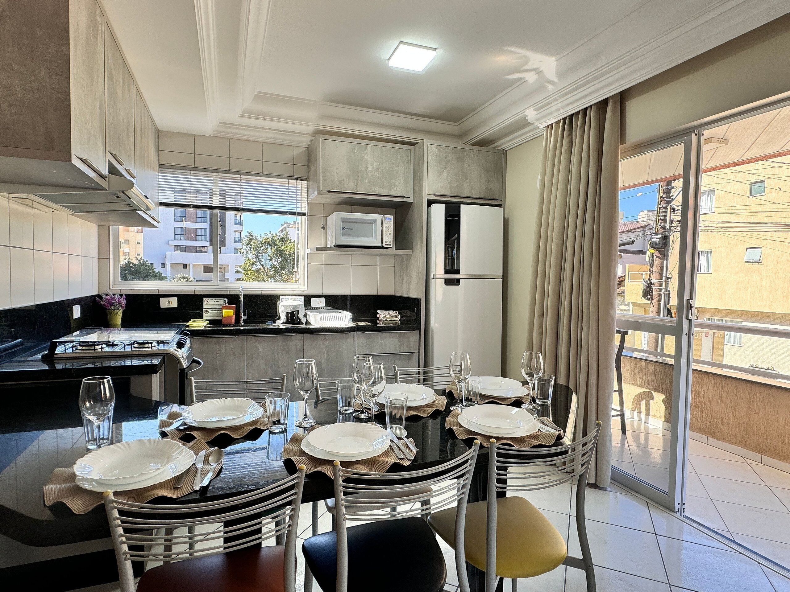 Fridge, microwave, oven, cookware/dishes/utensils
