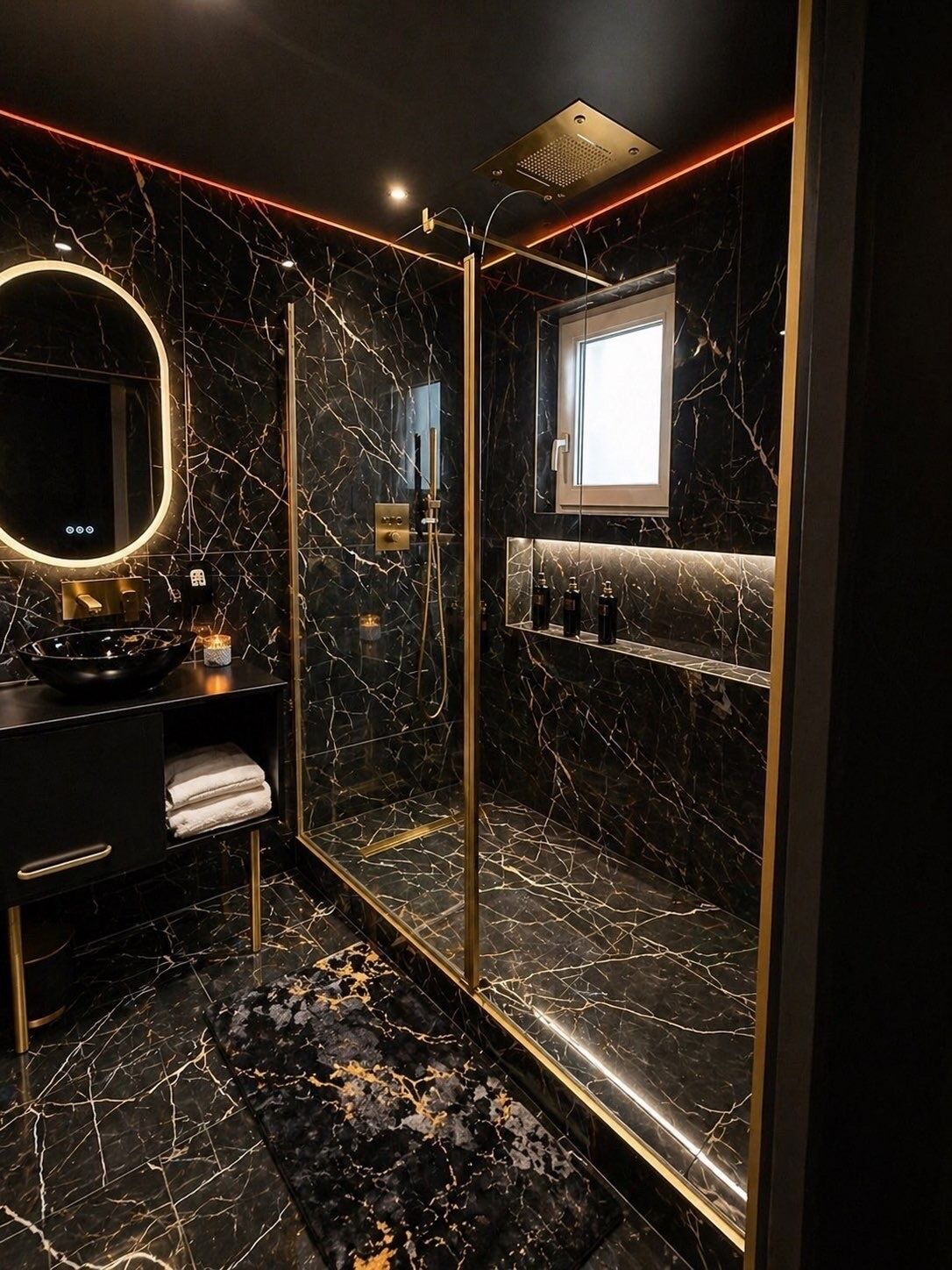 Een douche, een bubbelbad, handdoeken, zeep