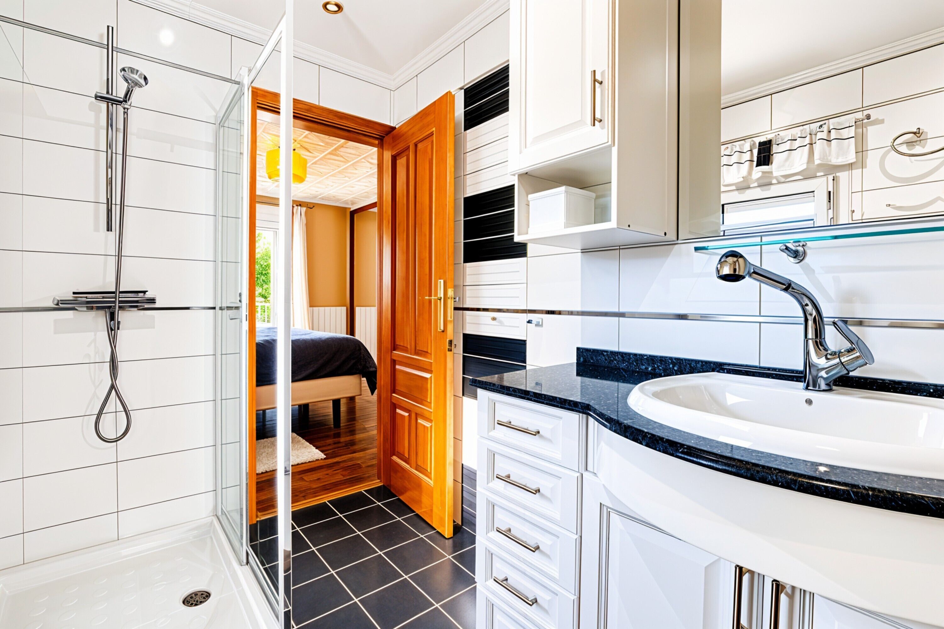 A modern bathroom with a glass shower enclosure, a white sink with a black countertop, and a wooden door leading to a bedroom.