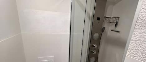 Shower, hair dryer, towels