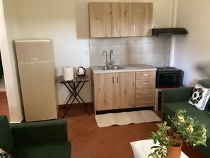 Eine kompakte Küchenzeile mit Kühlschrank, Spüle, Mikrowelle und einem kleinen Tisch mit Wasserkocher und Küchenpapier.