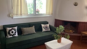 En grön soffa med mönstrade kuddar, ett fönster med gardiner, en öppen spis och en krukväxt på ett bord.