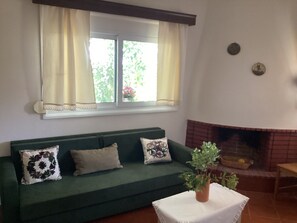 Ein grünes Sofa mit gemusterten Kissen, ein Fenster mit Vorhängen, ein Kamin und ein Blumentopf auf einem Tisch.