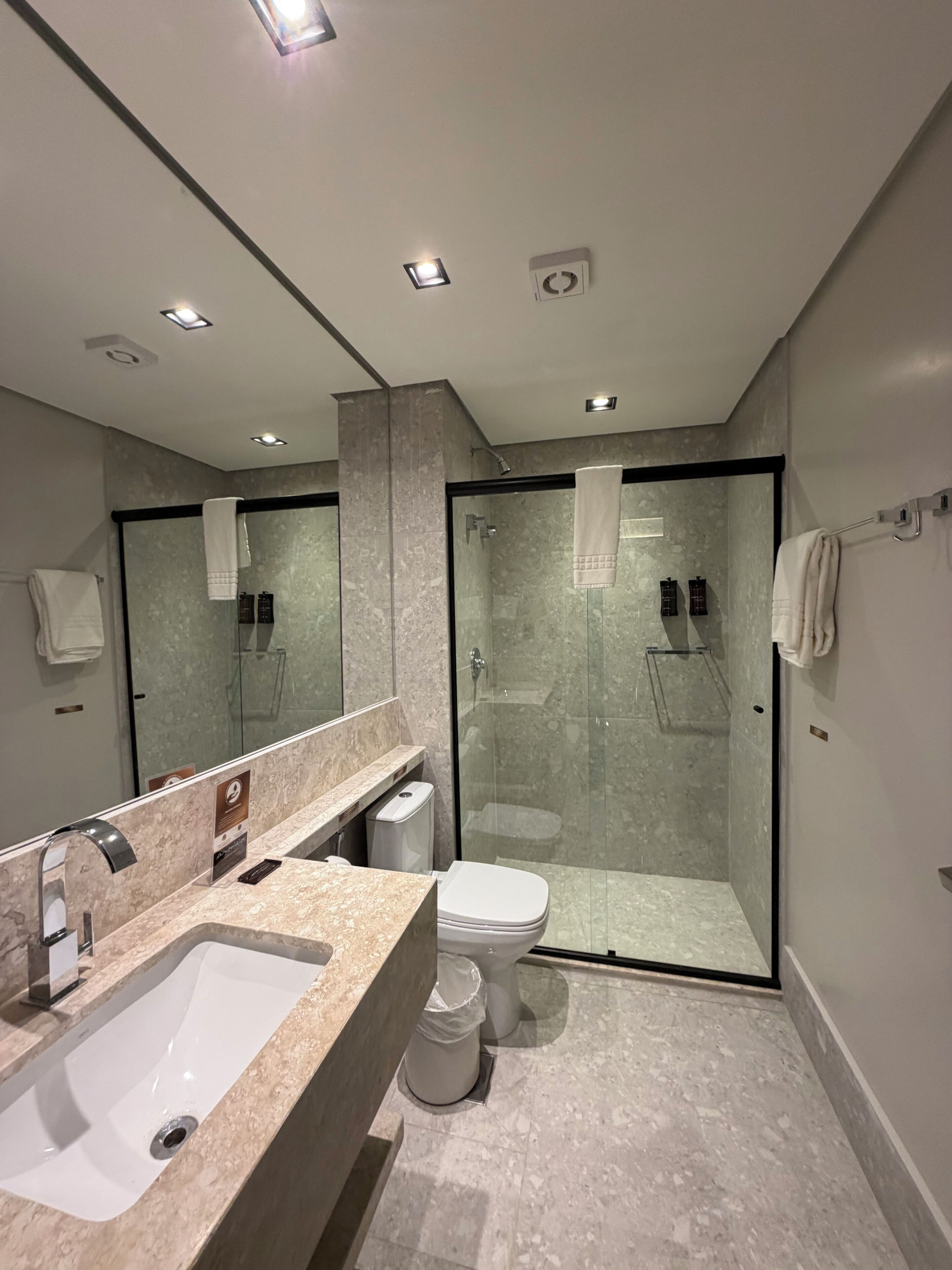 A modern bathroom with a marble sink, a toilet, a glass-enclosed shower, and a large mirror.