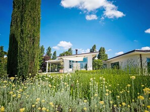 A modern house with a covered patio and a large tree in the foreground. - Mulberry Garden by Interhome (Belvedere Ostrense)