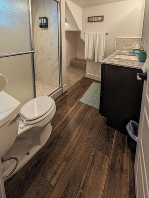 Een badkamer met douche, toilet en wastafel.