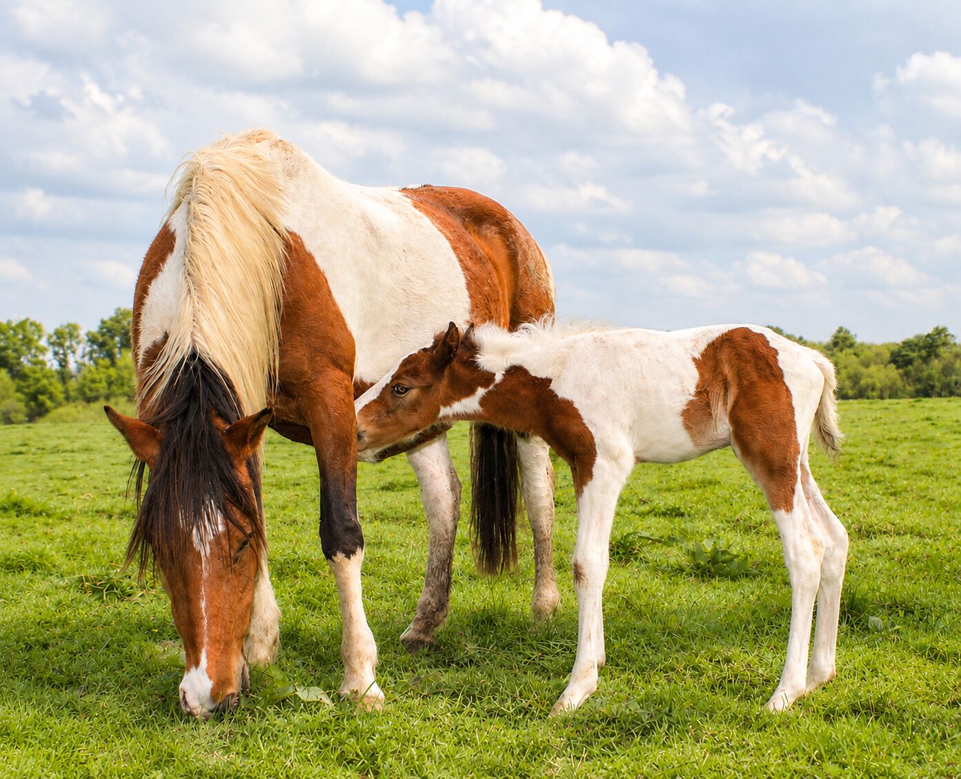 A horse grazing in a grassy field.