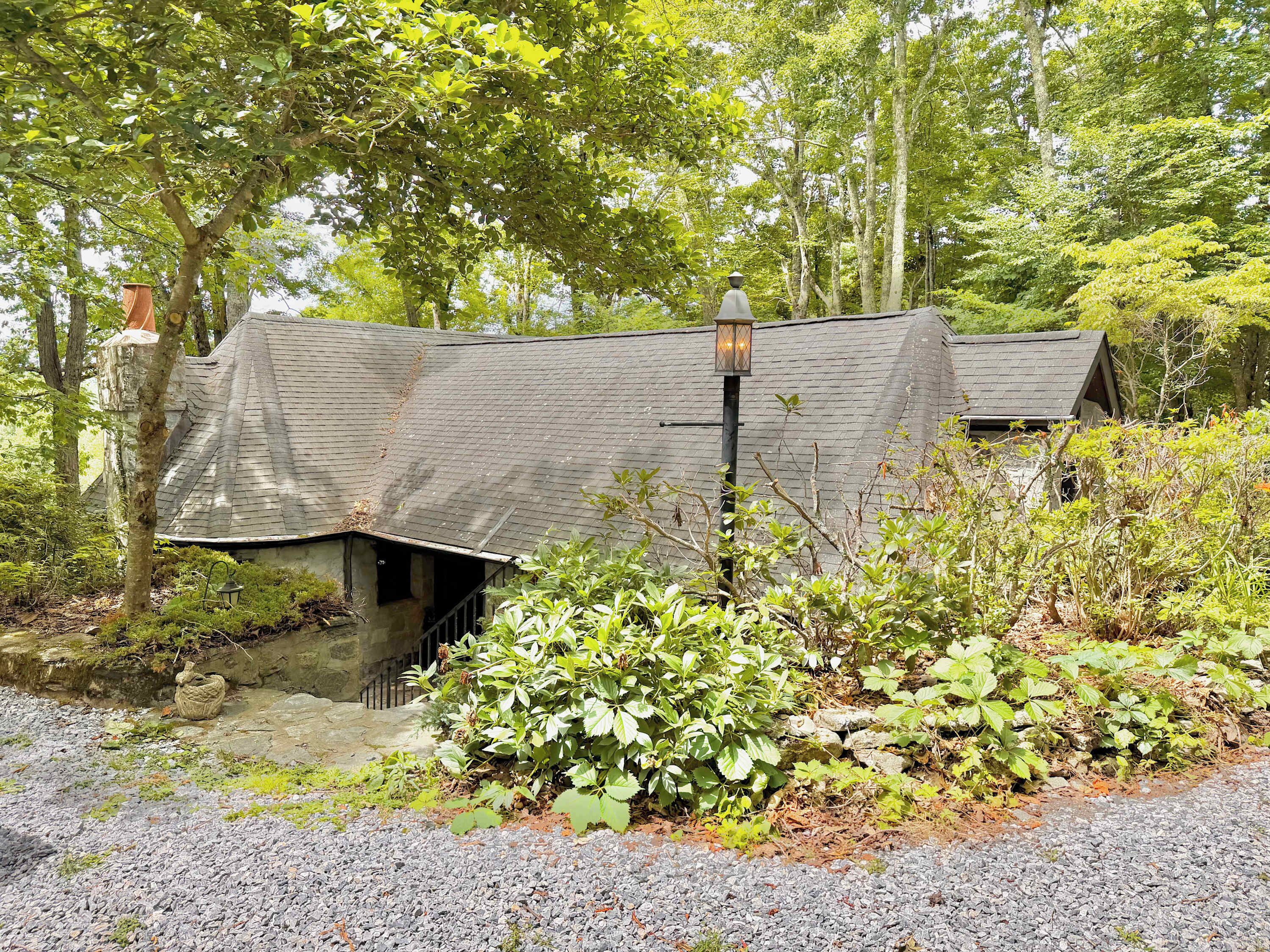 A rustic cabin with a sloped roof, surrounded by dense greenery and a gravel path.