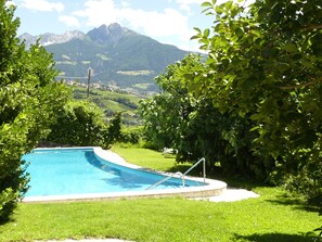 Une piscine entourée d’une végétation luxuriante, avec un paysage montagneux en arrière-plan.