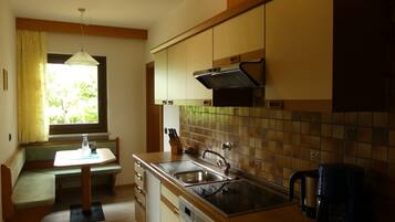 Fridge, stovetop, dishwasher, coffee/tea maker