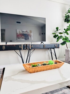 Ein Zimmer mit an der Wand befestigtem Fernseher, einem hölzernen Pflanzgefäß mit Sukkulenten auf einem Tisch und einer Pflanze in der Ecke.