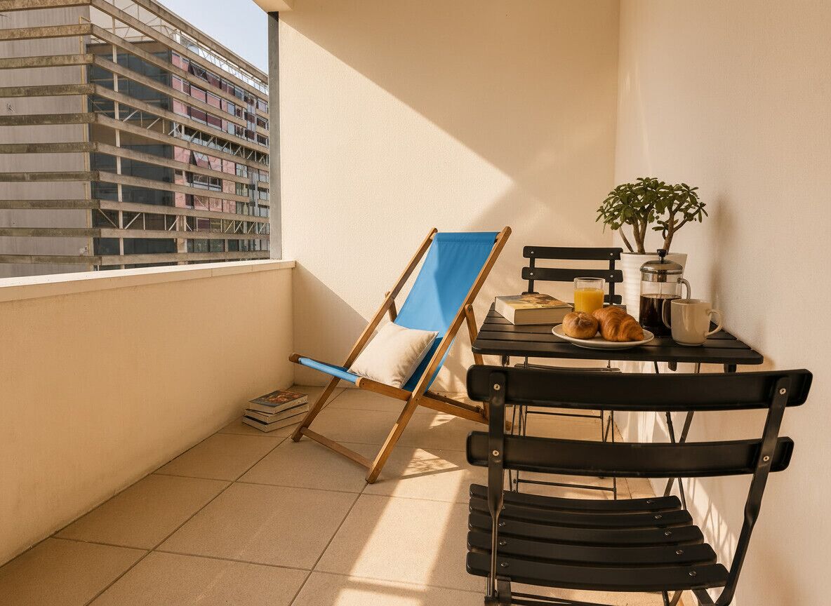 A balcony with a table, chairs, a plant, and a view of a building.