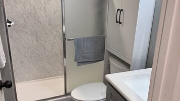 Shower, towels, toilet paper