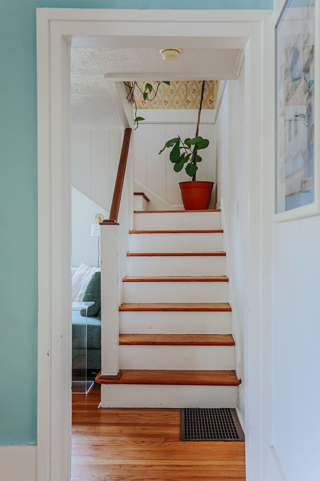 Una escalera con escalones de madera, una maceta roja con una planta y un marco blanco de puerta.