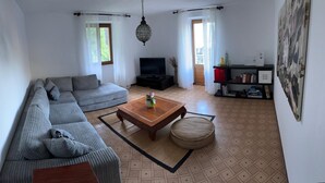Un salon avec un canapé, une table basse, un téléviseur et une bibliothèque.