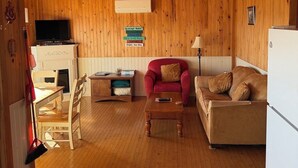 A wooden-paneled room with a ceiling fan, a television, a sofa, a red armchair, and a small table.