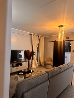 A modern living room with a grey sofa, a flat-screen TV, a decorative vase, and a wooden cabinet.