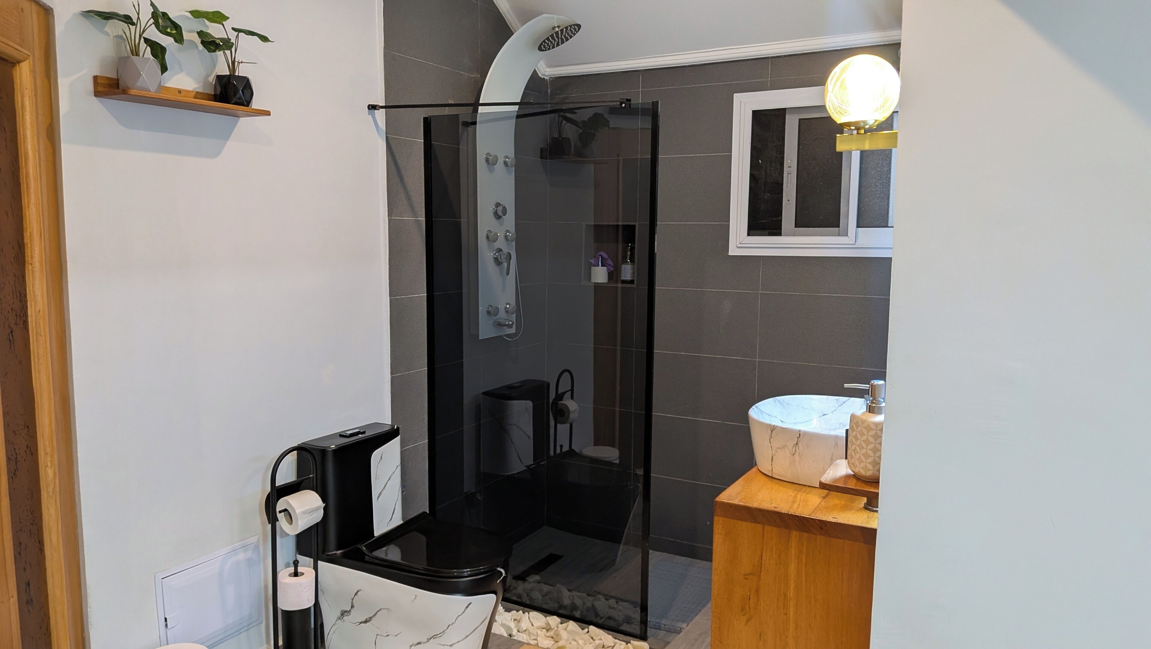 Ducha, bidet, toallas, jabón
