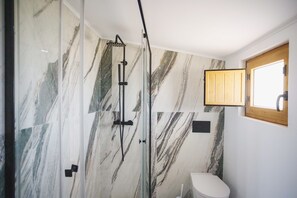Ein Badezimmer mit einer gläsernen Duschkabine, einer Toilette und einem Holzschrank darüber.