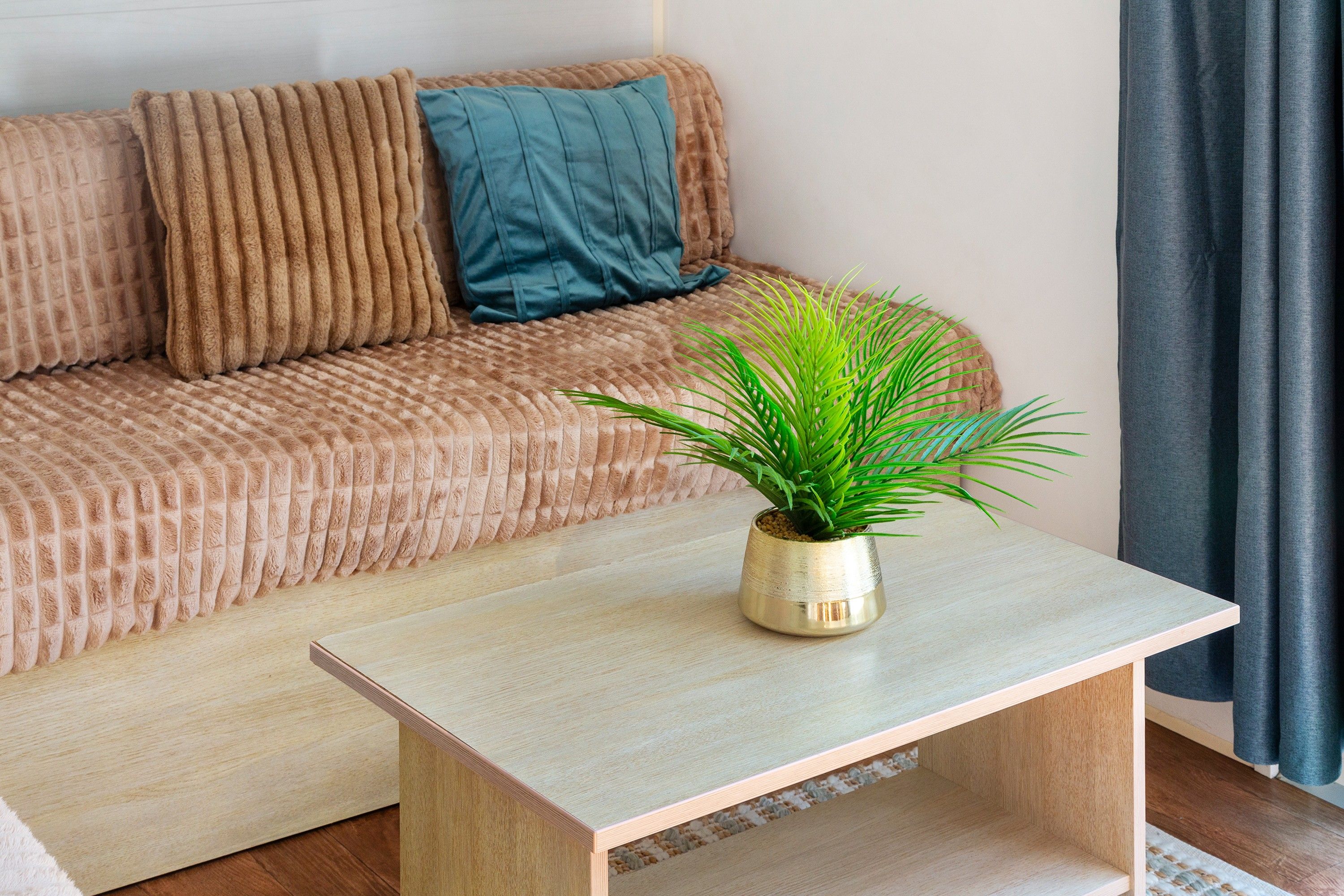 A living room with a sofa, a small table, and a potted plant.